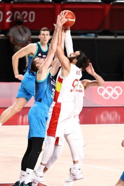 Zoran Dragic of the Slovenia Men's National Team blocks a shot against the Spain Men's National Team during the 2020 Tokyo Olympics on August 1, 2021...