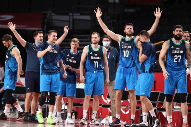 The Slovenia Men's National Team celebrate during the game against the Spain Men's National Team during the 2020 Tokyo Olympics at the Saitama Super...