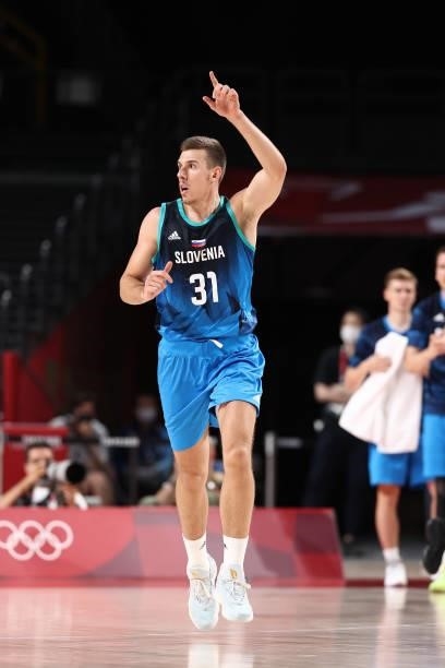 Vlatko Cancar of the Slovenia Men's National Team runs down the court against the Spain Men's National Team during the 2020 Tokyo Olympics at the...