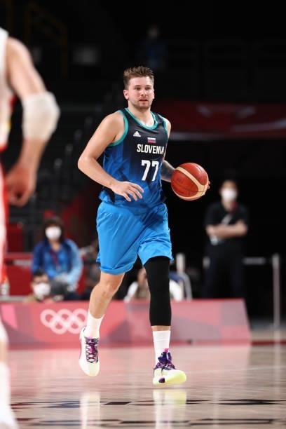 Luka Doncic of the Slovenia Men's National Team dribbles the ball against the Spain Men's National Team during the 2020 Tokyo Olympics at the Saitama...