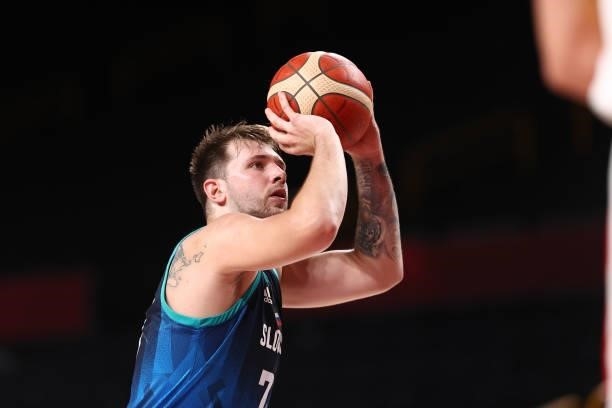 Luka Doncic of the Slovenia Men's National Team shoots a free throw against the Spain Men's National Team during the 2020 Tokyo Olympics at the...