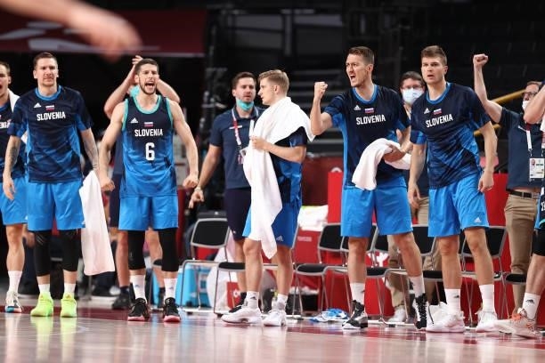 The Slovenia Men's National Team celebrate during the game against the Spain Men's National Team during the 2020 Tokyo Olympics at the Saitama Super...
