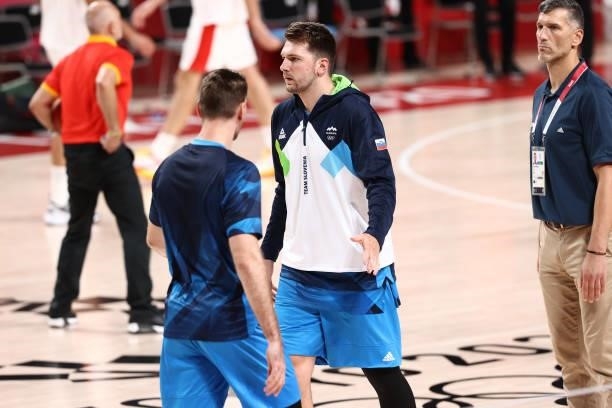 Luka Doncic of the Slovenia Men's National Team looks on before the game against the Spain Men's National Team during the 2020 Tokyo Olympics on...