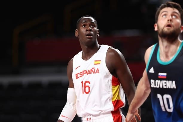 Usman Garuba of the Spain Men's National Team looks up during the game against the Slovenia Men's National Team during the 2020 Tokyo Olympics at the...