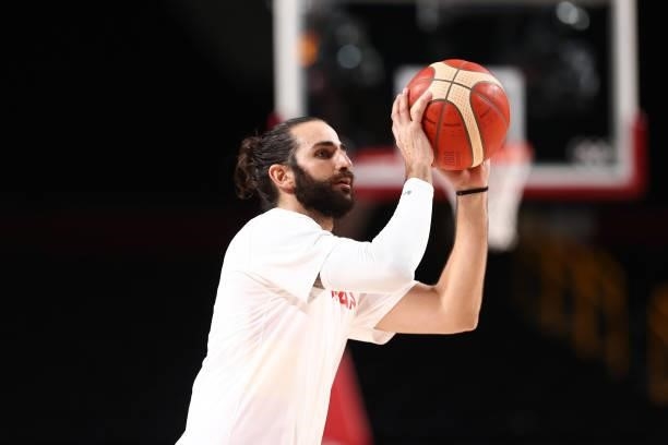 Ricky Rubio of the Spain Men's National Team shoots the ball before the game against the Slovenia Men's National Team during the 2020 Tokyo Olympics...