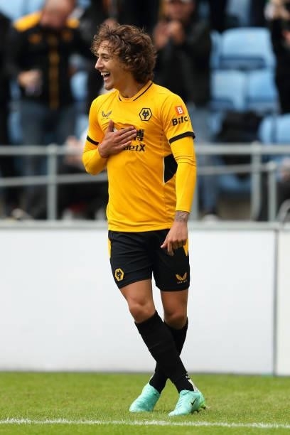 Fabio Silva of Wolverhampton Wanderers celebrates after scoring a goal to make it 1-0 during the pre season friendly between Coventry City and...