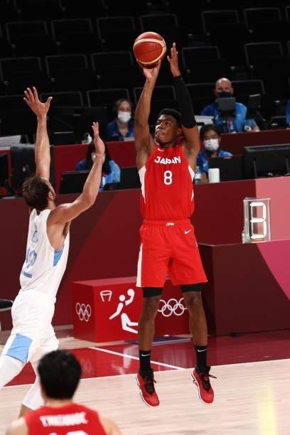 Rui Hachimura of Team Japan shoots the ball against Argentina at Saitama Super Arena during the 2020 Tokyo Olympics on August 1, 2021 in Saitama,...