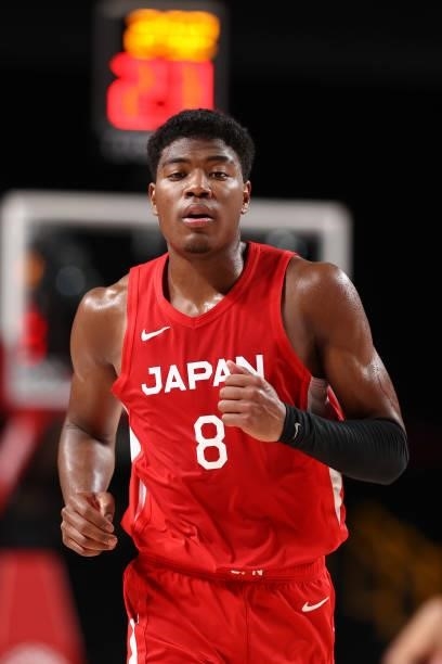 Rui Hachimura of Team Japan runs back on defense against Argentina at Saitama Super Arena during the 2020 Tokyo Olympics on August 1, 2021 in...