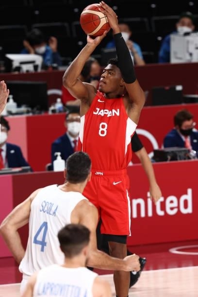 Rui Hachimura of Team Japan shoots the ball against Argentina at Saitama Super Arena during the 2020 Tokyo Olympics on August 1, 2021 in Saitama,...