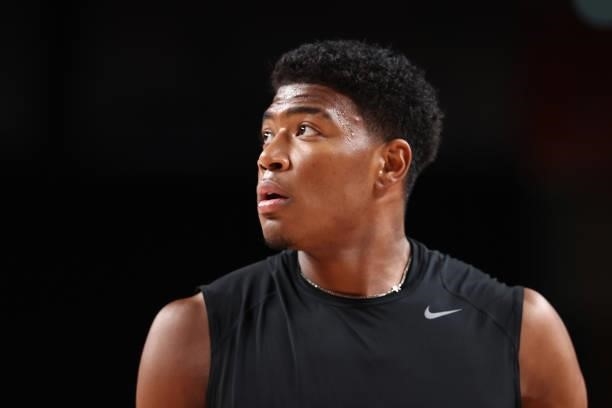 Rui Hachimura of Team Japan looks on before the game against Argentina at Saitama Super Arena during the 2020 Tokyo Olympics on August 1, 2021 in...