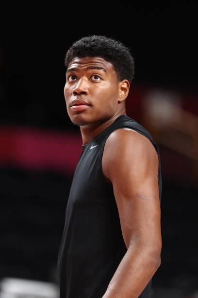 Rui Hachimura of Team Japan looks on before the game against Argentina at Saitama Super Arena during the 2020 Tokyo Olympics on August 1, 2021 in...