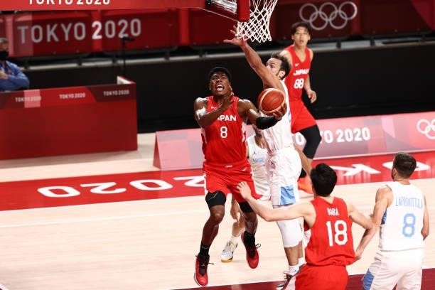 Rui Hachimura of Team Japan drives to the basket against Argentina at Saitama Super Arena during the 2020 Tokyo Olympics on August 1, 2021 in...