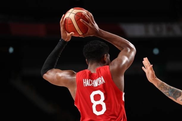 Rui Hachimura of Team Japan looks to pass the ball against Argentina at Saitama Super Arena during the 2020 Tokyo Olympics on August 1, 2021 in...