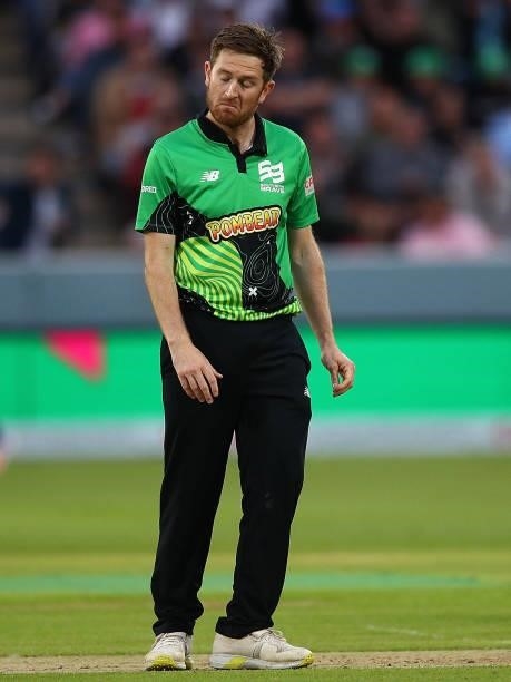 Liam Dawson of Southern Brave reacts during The Hundred match between London Spirit Men and Southern Brave Men at Lord's Cricket Ground on August 01,...