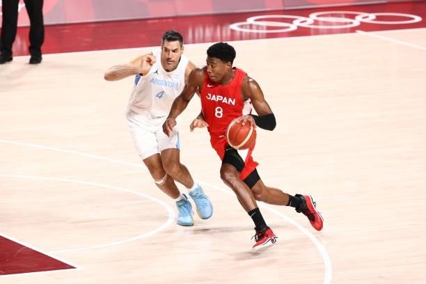 Rui Hachimura of Team Japan drives to the basket against Argentina at Saitama Super Arena during the 2020 Tokyo Olympics on August 1, 2021 in...