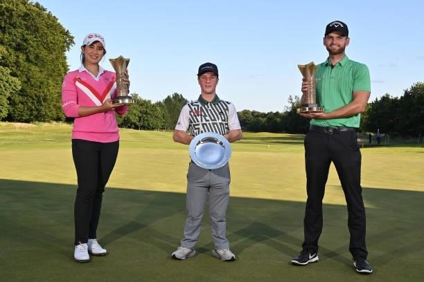 Brendan Lawlor of Ireland, Pajaree Anannarukarn of Thailand and Daniel Gavins of England pose with their trophies during the final round of the ISPS...