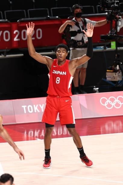 Rui Hachimura of Team Japan signals to a teammate that he is open during the game against Argentina at Saitama Super Arena during the 2020 Tokyo...