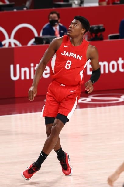Rui Hachimura of Team Japan looks on during the game against Argentina at Saitama Super Arena during the 2020 Tokyo Olympics on August 1, 2021 in...