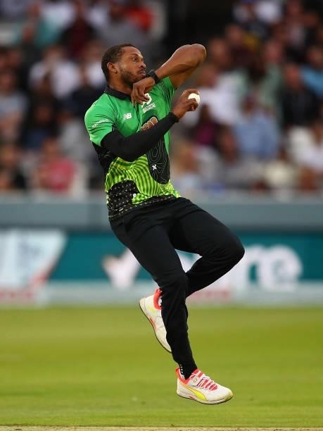 Chris Jordan of the Southern Brave in action during The Hundred match between London Spirit Men and Southern Brave Men at Lord's Cricket Ground on...