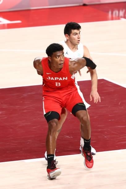 Rui Hachimura of Team Japan looks on during the game against Argentina at Saitama Super Arena during the 2020 Tokyo Olympics on August 1, 2021 in...