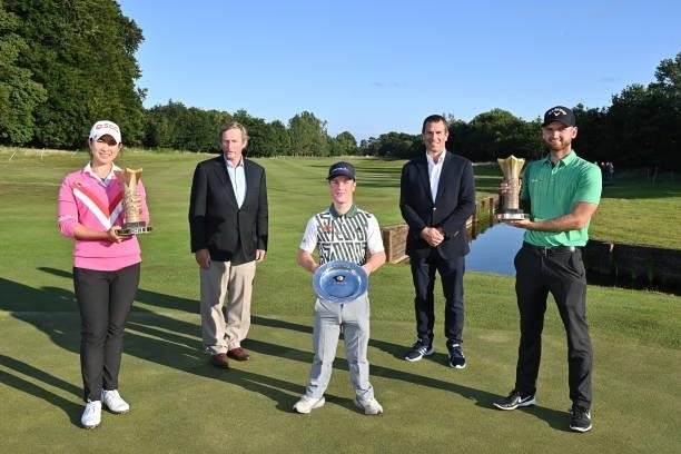Brendan Lawlor of Ireland, Pajaree Anannarukarn of Thailand and Daniel Gavins of England pose with their trophies during the final round of the ISPS...