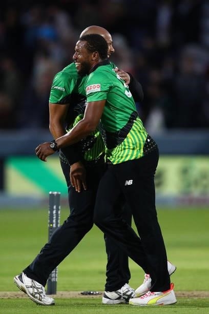 Chris Jordan of the Southern Brave celebrates his teams victory during The Hundred match between London Spirit Men and Southern Brave Men at Lord's...