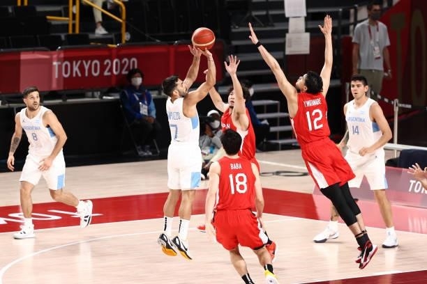Facundo Campazzo of Team Argentina shoots the ball against Rui Hachimura of Team Japan at Saitama Super Arena during the 2020 Tokyo Olympics on...
