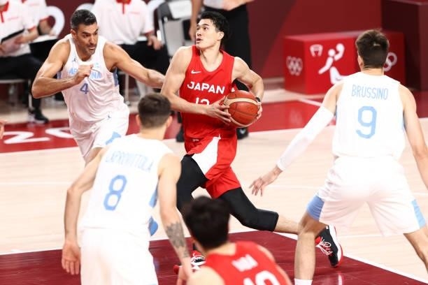 Yuta Watanabe of Team Japan drives to the basket against Argentina at Saitama Super Arena during the 2020 Tokyo Olympics on August 1, 2021 in...