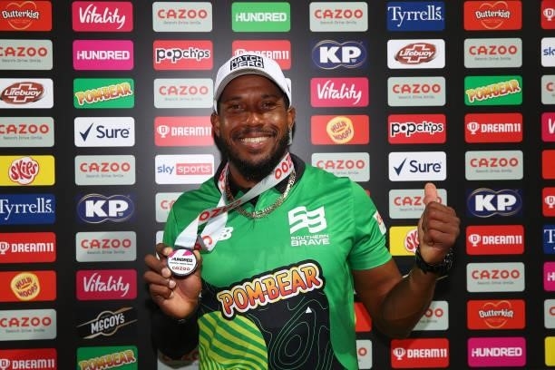 Hero of the match Chris Jordan of the Southern Brave poses for a picture during The Hundred match between London Spirit Men and Southern Brave Men at...