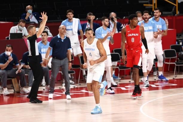 Luis Scola of Team Argentina reacts to a play against Japan at Saitama Super Arena during the 2020 Tokyo Olympics on August 1, 2021 in Saitama,...