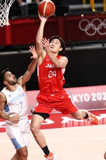 Daiki Tanaka of Team Japan shoots the ball against Argentina at Saitama Super Arena during the 2020 Tokyo Olympics on August 1, 2021 in Saitama,...