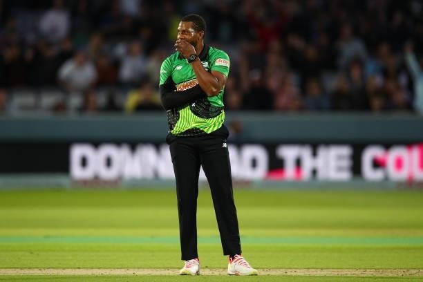 Chris Jordan of Southern Brave reacts during The Hundred match between London Spirit Men and Southern Brave Men at Lord's Cricket Ground on August...