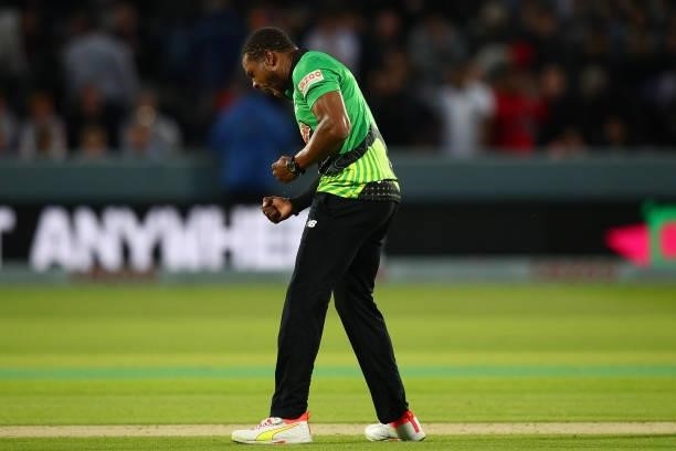 Chris Jordan of the Southern Brave celebrates his teams victory during The Hundred match between London Spirit Men and Southern Brave Men at Lord's...