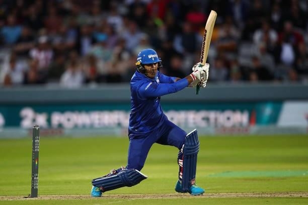 Mohammad Nabi of the London Spirit in action during The Hundred match between London Spirit Men and Southern Brave Men at Lord's Cricket Ground on...