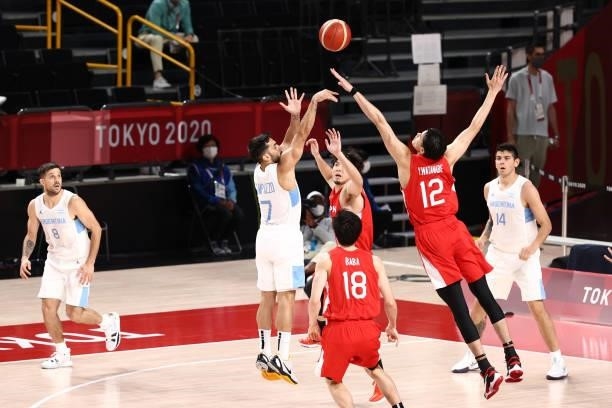 Facundo Campazzo of Team Argentina shoots the ball against Rui Hachimura of Team Japan at Saitama Super Arena during the 2020 Tokyo Olympics on...