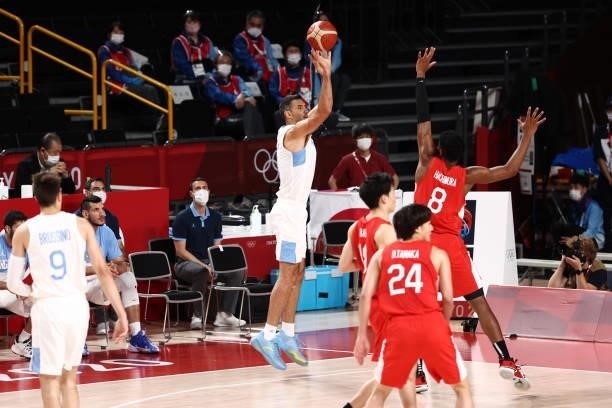 Luis Scola of Team Argentina shoots a 3-pointer against Japan at Saitama Super Arena during the 2020 Tokyo Olympics on August 1, 2021 in Saitama,...
