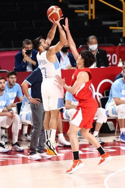Facundo Campazzo of Team Argentina shoots a 3-pointer against Japan at Saitama Super Arena during the 2020 Tokyo Olympics on August 1, 2021 in...