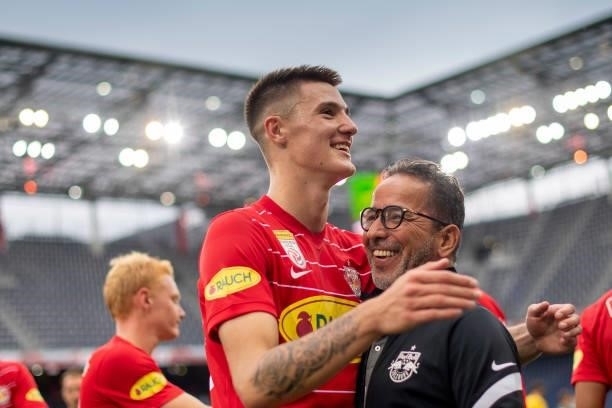 Benjamin Sesko of FC Red Bull Salzburg after the Admiral Bundesliga match between FC Red Bull Salzburg and SV Ried at on August 1, 2021 in Salzburg,...