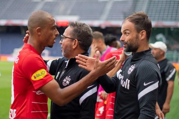 Antoine Bernede and assistant coach Alexander Hauser both of FC Red Bull Salzburg during the Admiral Bundesliga match between FC Red Bull Salzburg...