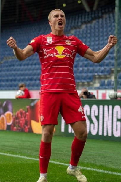 Rasmus Kristensen of FC Red Bull Salzburg celebrates during the Admiral Bundesliga match between FC Red Bull Salzburg and SV Ried at on August 1,...