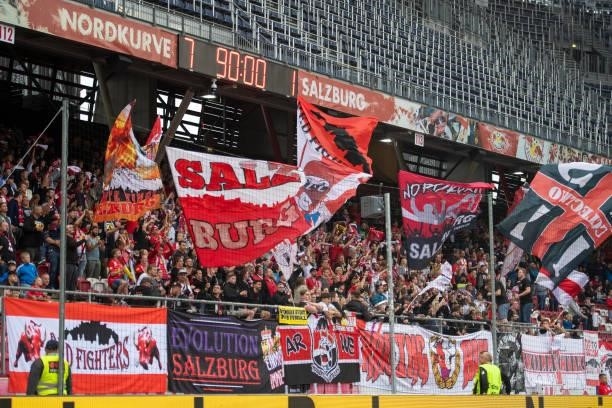 Fans of FC Red Bull Salzburg celebrate after the Admiral Bundesliga match between FC Red Bull Salzburg and SV Ried at on August 1, 2021 in Salzburg,...