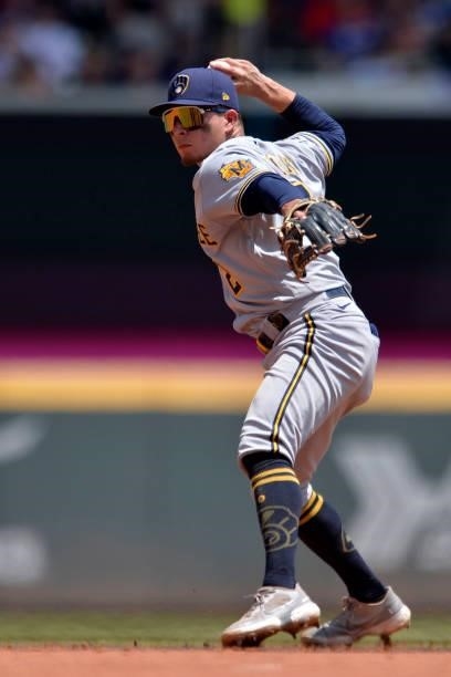 Luis Urías of the Milwaukee Brewers throws to first in the fifth inning against the Atlanta Braves at Truist Park on August 1, 2021 in Atlanta,...