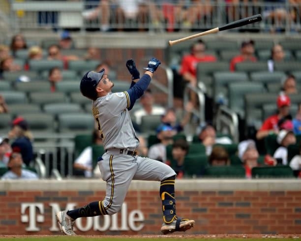 Luis Urías of the Milwaukee Brewers bats in the eighth inning against the Atlanta Braves at Truist Park on August 1, 2021 in Atlanta, Georgia.