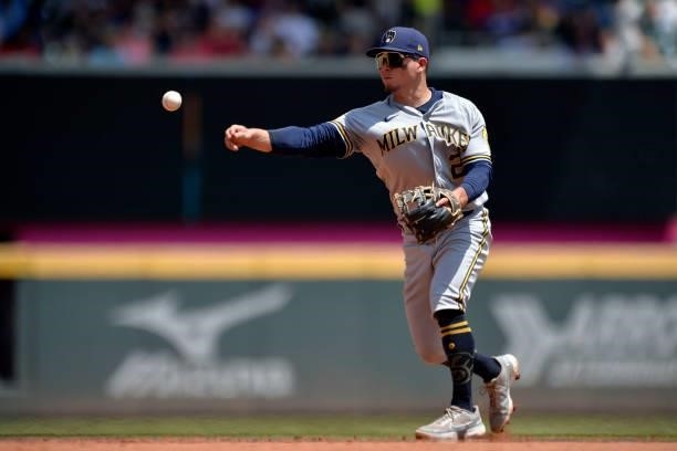 Luis Urías of the Milwaukee Brewers throws to first in the fifth inning against the Atlanta Braves at Truist Park on August 1, 2021 in Atlanta,...