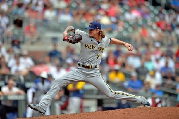 Josh Hader of the Milwaukee Brewers pitches in the ninth inning against the Atlanta Braves at Truist Park on August 1, 2021 in Atlanta, Georgia.