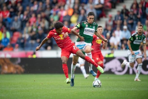 Karim Adeyemi of FC Red Bull Salzburg and Tin Plavotic of SV Ried during the Admiral Bundesliga match between FC Red Bull Salzburg and SV Ried at on...