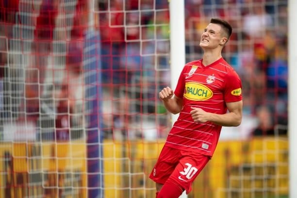 Benjamin Sesko of FC Red Bull Salzburg during the Admiral Bundesliga match between FC Red Bull Salzburg and SV Ried at on August 1, 2021 in Salzburg,...