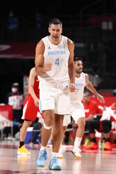 Luis Scola of Team Argentina reacts to a play during the game against Japan at Saitama Super Arena during the 2020 Tokyo Olympics on August 1, 2021...