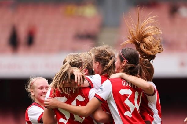 Freya Jupp of Arsenal celebrates after scoring a goal to make it 1-1 during the Women Pre Season Friendly between Arsenal and Chelsea at Emirates...