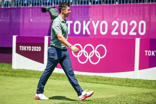 Rory McIlroy of Team Ireland smiles as he walks to the first tee during the final round of Mens Individual Stroke Play Golf on day nine of the Tokyo...